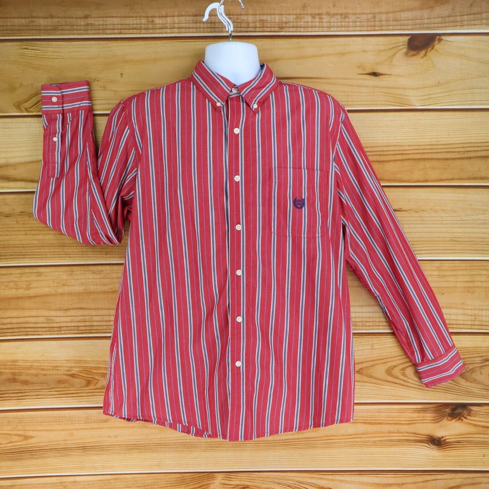 Chaps Dress Shirt Easy Care Mens L Red Striped Cotton Blend Button Down Collar